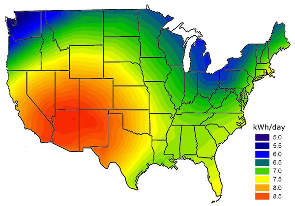Map of the United States showing kWh per day for solar resources.